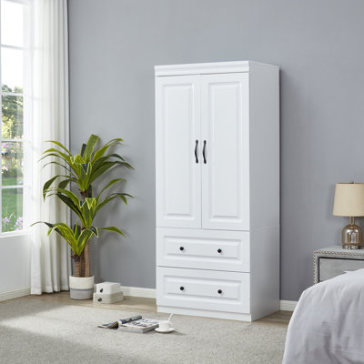 Abbottsville White Wardrobe Closet with Soft-Close Doors & 2 Drawers | Bedroom Armoire, Space-Saving Design (70.87â€H) by Latitude Run