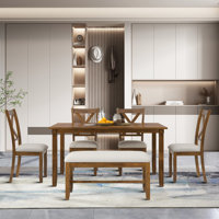Bremble Vintage style 6 - Piece Dining Set with x-back dining chairs and bench for dining area by Rosalind Wheeler