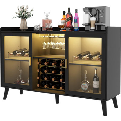 Ermo Wine Bar Cabinet with Led Light, Home Coffee Cabinet with Wine and Glass Rack by Wrought Studio