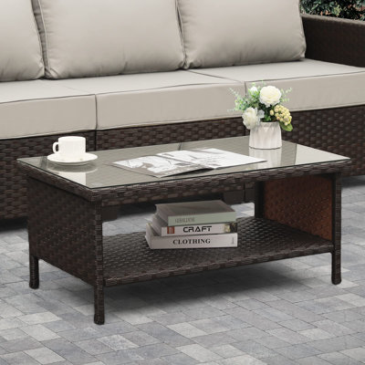 Outdoor Wicker Coffee Table Patio Table 2-layer Glass Tabletop with Furniture Cover by Latitude Run