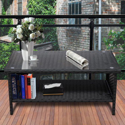 Outdoor Wicker Coffee Table Patio Table 2-layer Glass Tabletop with Furniture Cover by Latitude Run