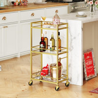 Noyal 3-Tier Glass Gold Bar Serving Cart Drink Cart on Wheels by Mercer41