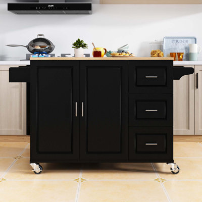 Mobile Kitchen Island With Extensible Rubber Wood Table Top Andjustable Shelf Inside Cabinet, by Red Barrel Studio