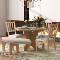 Modern Zanera 5-Piece Dining Table Set, 44" Round Dining Table with Curved Bench & Side Chairs,kitchen table set,dining table set,dining room set by Gracie Oaks
