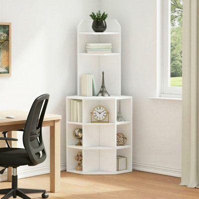 Darley Corner Shelf with USB Ports & Outlets, Wooden Display Bookshelf Bookcase