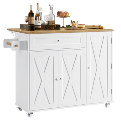 Barr 47.6"W Farmhouse Kitchen Island, Movable Kitchen Cart with Towel Rack, Rubber Drop Leaf (15.75"/27.56" D), and Storage Pantry Door by Laurel Foundry Modern Farmhouse