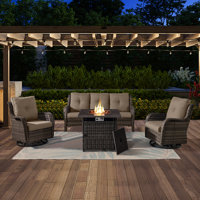 Schutt Outdoor 5 Person Rattan Sofa Seating Group with Patio Rocking & Swivel Chairs, Fire Pit and Cushions