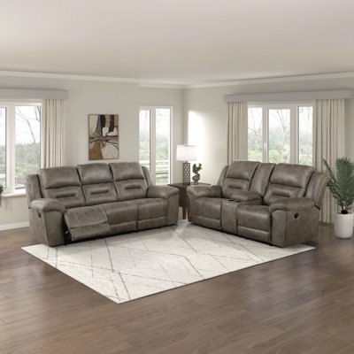 Hamisi Transitional Polished Microfiber 2-Piece Manual Reclining Set with Center Storage Console, Effortless Tab Pull Motion & High-Density Foam Seati