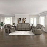 Hamisi Transitional Polished Microfiber 3-Piece Manual Reclining Set with Gentle Rocking Motion, Center Storage Console & High-Density Foam Comfort