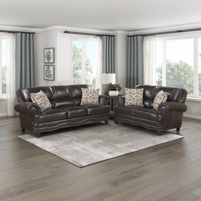Daishun Traditional Breathable Faux Leather 2-Piece Living Room Set with Classic Roll Arms, Nailhead Trim & 4 Decorative Pillows by Charlton Home