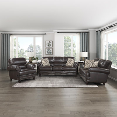 Daishun Traditional Breathable Faux Leather 3-Piece Living Room Set with Classic Roll Arms, Nailhead Trim & 4 Decorative Pillows