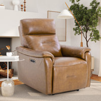 Jeramyah 30.25" Wide Modern Genuine Leather Power Recliner with Pillow Top Arms & USB Port, for Living Room, Home Theater, Bedroom