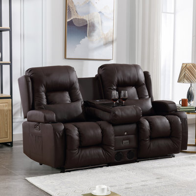 67" Wide Faux Leather Heated Power Recliner Massage Theater Loveseat with Cup Holder by Ebern Designs