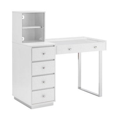 SlayStation Duet Glasstop Makeup Table with Large Display Drawer, Dual Shelves Glass Door Cabinet by Everly Quinn