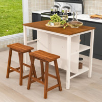 3-Piece Stationary Kitchen Island Set with 2 Stools, Rubber Wood Top Dining Table Set with 2 Shelves by Red Barrel Studio