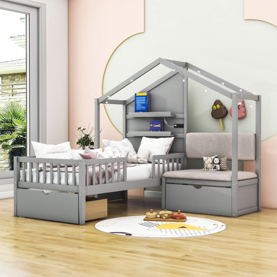 Boyadjis Twin 2 Drawers Wood Platform Bed with Upholstered Sofa and Shelves by Harper Orchard by Harper Orchard