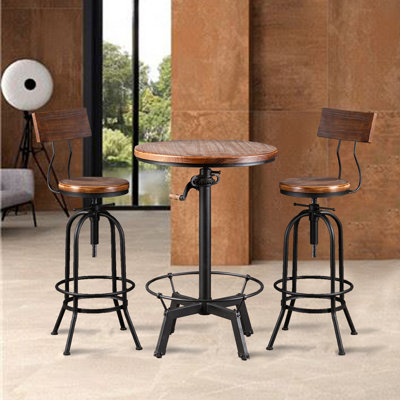 Set Of 3-Crank Handle Bar Table (33.47"-39.37") & 2 Backrests Stools (26"-32.3") Set For Pub Kitchen Dining Living Party Bistro Breakfast, Swivel Brow by Williston Forge