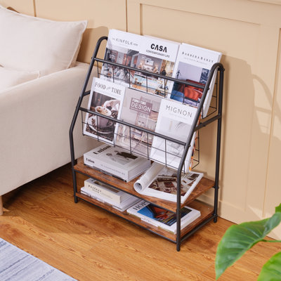 Megyn 2-Tier Metal Magazine Rack with Wood Shelves, Storage Bookcase Shelf for Living Room or Bedroom by 17 Stories