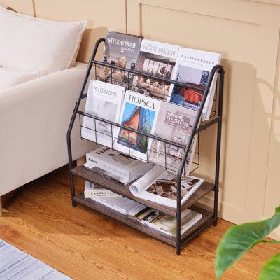 Megyn 2-Tier Metal Magazine Rack with Wood Shelves, Storage Bookcase Shelf for Living Room or Bedroom by 17 Stories