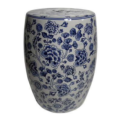LeeRoy Ceramic Hydrangea Chinoiserie Stool - Elegant Blue and White 18-inch Garden Accent Piece