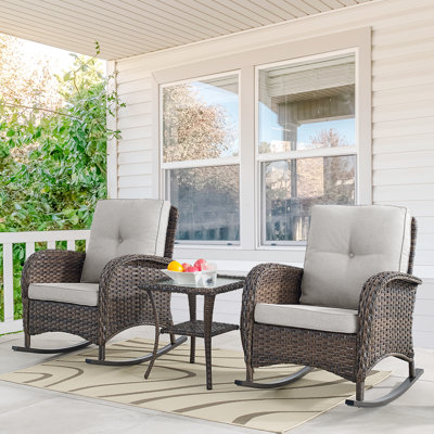 Aluel Outdoor Brown Wicker Patio Furniture Rattan Rocking Chairs and Table by Winston Porter