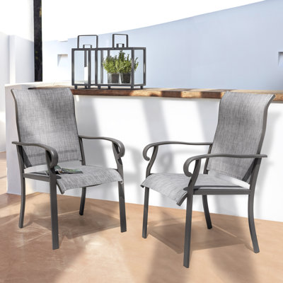 Ashelyn Outdoor Patio Dining Armchair, All Weather Mesh Fabric, Power-Coated Iron Frame for Patio, Light Gray by Lark Manor