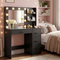 Borko Makeup Vanity With Lights,Vanity desk with Mirror and Power Outlet,Dresser Table with Drawers and Open Shelves by Wade Logan
