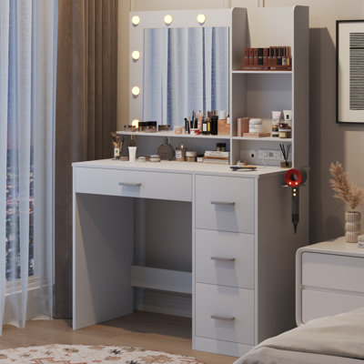 Borko Makeup Vanity With Lights,Vanity desk with Mirror and Power Outlet,Dresser Table with Drawers and Open Shelves by Wade Logan