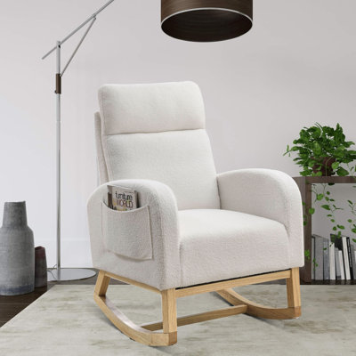 Khandaker Upholstered Rocking Chair with Wooden Rocking Legs and Side Storage Pockets for Bedroom and Living Room