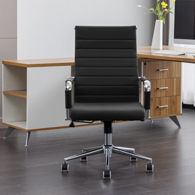 Amaiia Mid-Back Ribbed Leather Upholstered Adjustable Swivel Rolling Ergonomic Office Desk Chair by Ivy Bronx