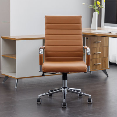Amaiia Mid-Back Ribbed Leather Upholstered Adjustable Swivel Rolling Ergonomic Office Desk Chair by Ivy Bronx