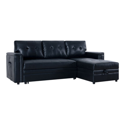 Wanamie  L-Shaped Leather Sleeper Sofa Bed with USB – Reversible Pull Out Couch with Storage Chaise by Ebern Designs