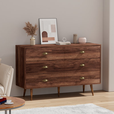 Mountford Modern 6 Drawer Dresser, Walnut Finish, 47.2 Inch Wide Chest with Gold Shell Handles & Pine Legs, Bedroom Dresser by Winston Porter