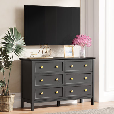 Mountford Modern 6 Drawer Dresser, Walnut Finish, 47.2 Inch Wide Chest with Gold Shell Handles & Pine Legs, Bedroom Dresser by Winston Porter