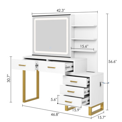 Stafan Vanity Desk with Mirror and LED Light-3 Lighting Modes, Charging Station, 5 Large Drawers and 3 Tiers of Open Shelves for Bedroom by Everly Quinn