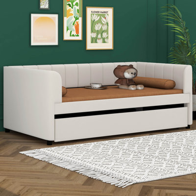 Nadwa Twin Size Upholstered Daybed with Ergonomic Design Backrest and Trundle by Latitude Run