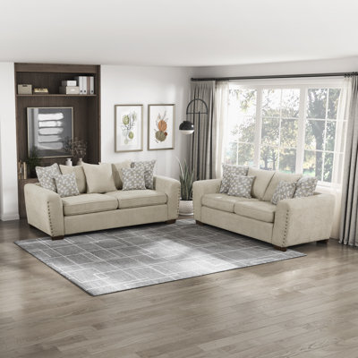 Langara Transitional Chenille 2-Piece Living Room Set with Elegant Nailhead Trim, Reversible Cushions & 13 Included Accent Pillows by Ebern Designs