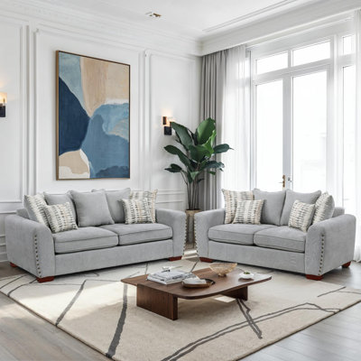 Langara Transitional Chenille 2-Piece Living Room Set with Elegant Nailhead Trim, Reversible Cushions & 13 Included Accent Pillows