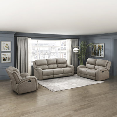 Niosha Transitional Polished Microfiber 3-Piece Reclining Set with Gentle Rocking Motion, Tab Pull Recline & Pocket Coil Seating