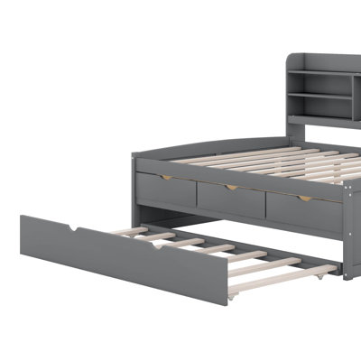 Brona Full Size Wooden Captain Bed with Built-in Bookshelves, Three Storage Drawers and Trundle by Latitude Run