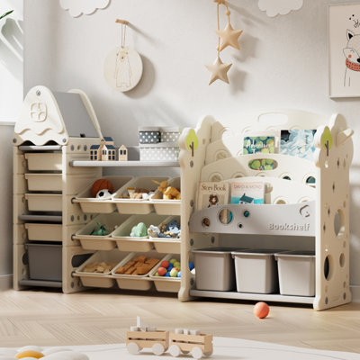Jameek Kids Toy Storage Organizer with 17 Removable Bins, 4-Tier Bookshelf for Kids, Multi-Purpose Castle-Shaped Toy Organizer