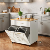 Beal Rolling Kitchen Island, Kitchen Storage, Kitchen Cabinet with Double Tilt Out Trash Can Storage Cabinet and Charging Station by Laurel Foundry Modern Farmhouse