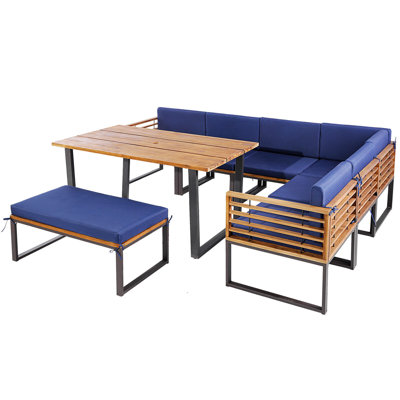 8pcs Patio Dining Set Acacia Wood L Shaped Sectional Sofa Set W/ Navy Cushions by Latitude Run