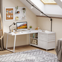 Shaped Computer Desk With 3 Drawers & Storage Shelves, Reversible Corner Desk for Home Office by 17 Stories