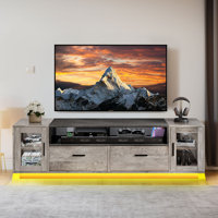 Charen LED Farmhouse Modern Entertainment Center TV Stand W Power Outlets, Glass Doors, Storage Drawers by Wade Logan