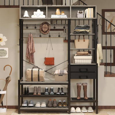 Hall Tree With Bench And Shoe Storage, 7-in-1 Entryway Bench With Coat Rack, 3 Storage Cubbies, 5 Storage Shelves, 17 Coat Hooks, 2 Fabric Drawers by Wrought Studio