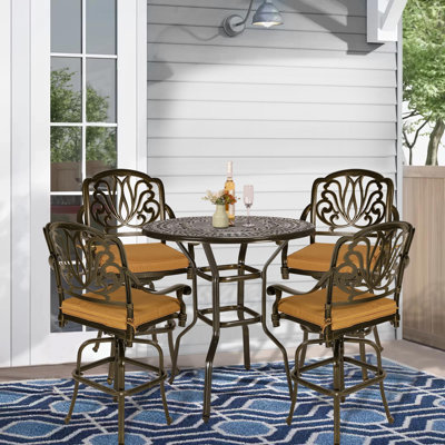 World Menagerie 5-Piece Patio Swivel Bar Set, All-Weather Cast Aluminum Outdoor High Bar Stool Bistro Set For Backyard Garden With 4 Cushions Bar Chai