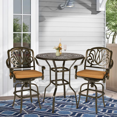 World Menagerie 5-Piece Patio Swivel Bar Set, All-Weather Cast Aluminum Outdoor High Bar Stool Bistro Set For Backyard Garden With 4 Cushions Bar Chai by World Menagerie