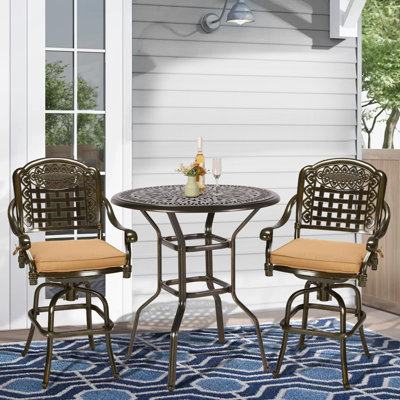 World Menagerie 3-Piece Patio Swivel Bar Set, All-Weather Cast Aluminum Outdoor High Bar Stool Bistro Set For Backyard Garden Deck With 2 Cushions Bar