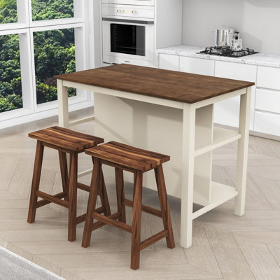 Rishvie 3-Pcs Stationary Kitchen Island Set With 2 Stools and 2 Shelves by Red Barrel Studio